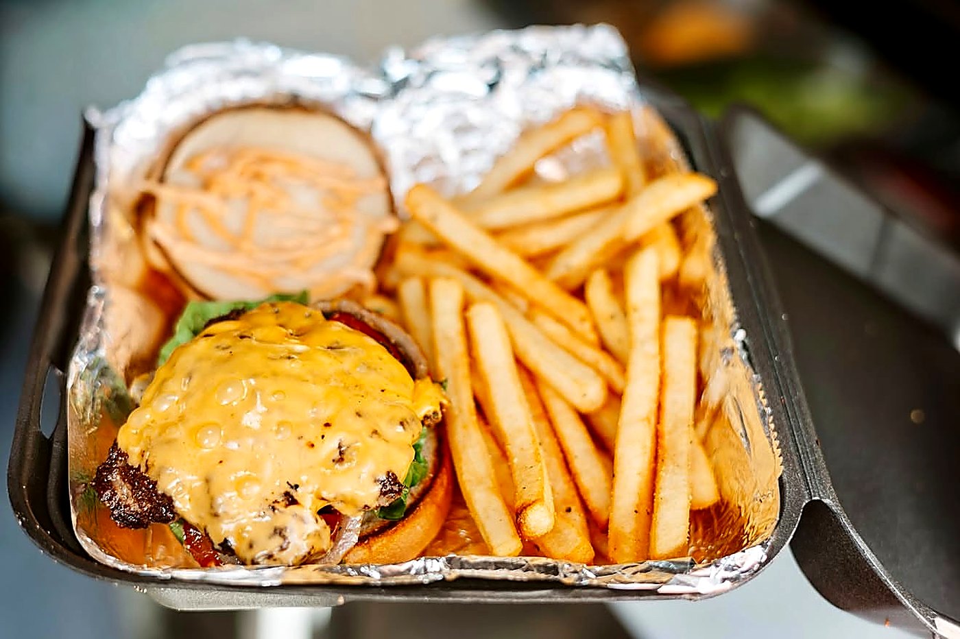 Smashburger with fries and Cheeto Balls